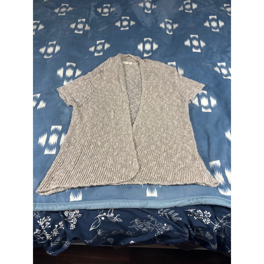 Eileen Fisher Italian Yarn Open Front Short Sleeve Cardigan Oatmeal Beige Small
